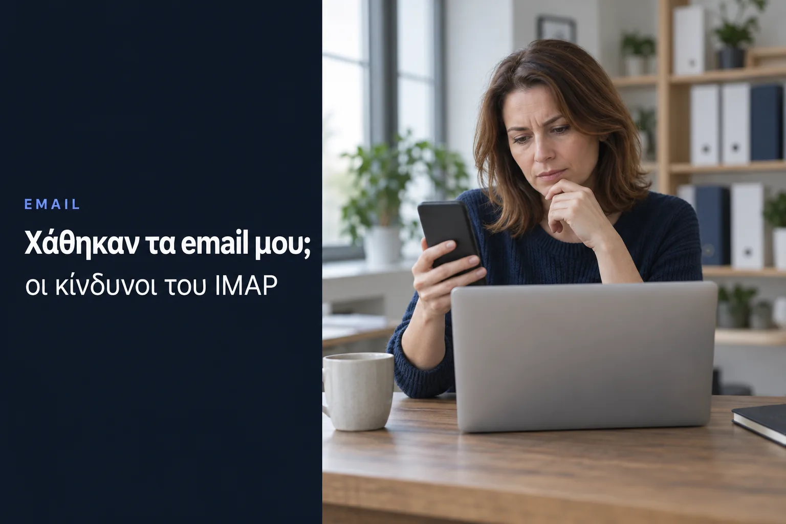 My emails disappeared, a woman looks worried at her phone in front of a laptop at the office