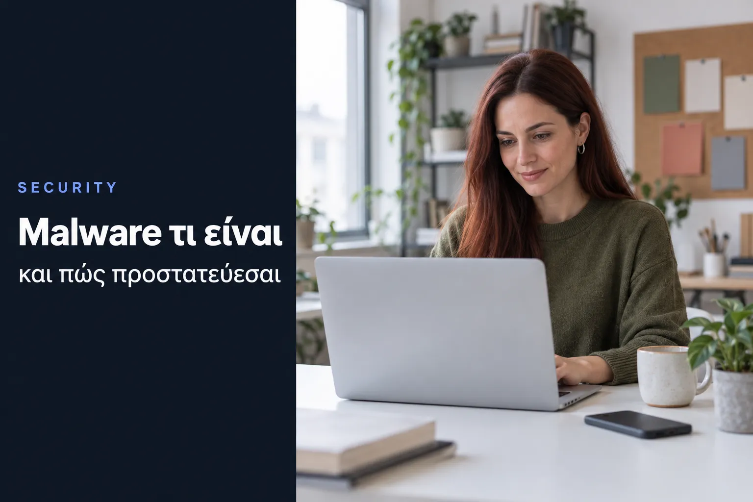 Malware τι είναι, σύγχρονος χώρος εργασίας με υπολογιστή και ασπίδα προστασίας από κακόβουλο λογισμικό
