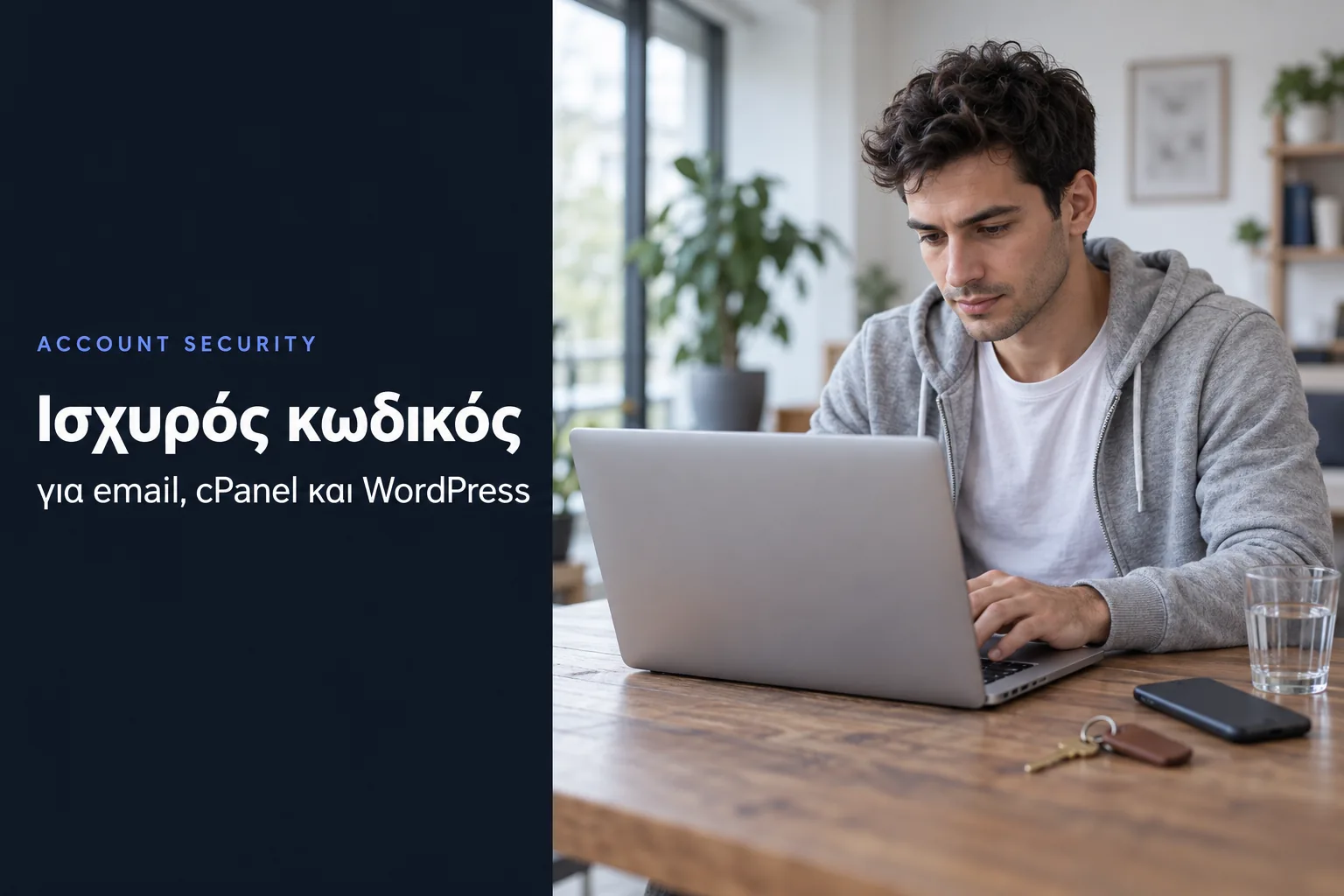 Strong password, a man in a hoodie works on a laptop with his phone and keys beside him on the table
