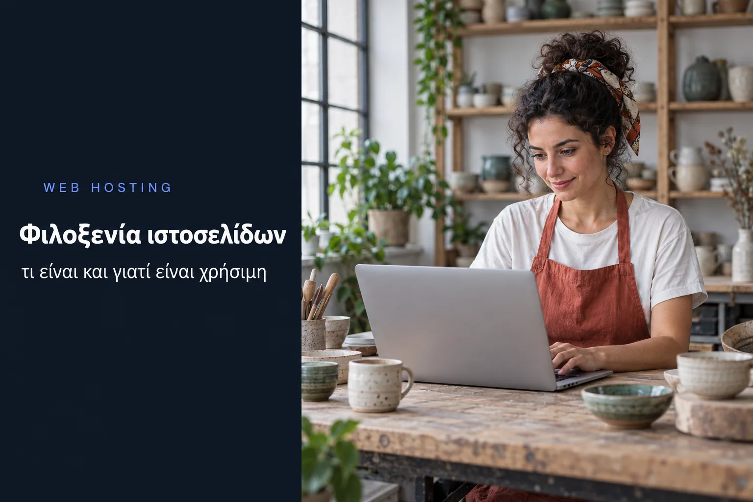 Φιλοξενία ιστοσελίδων, κεραμίστρια δουλεύει στο site του εργαστηρίου της σε laptop