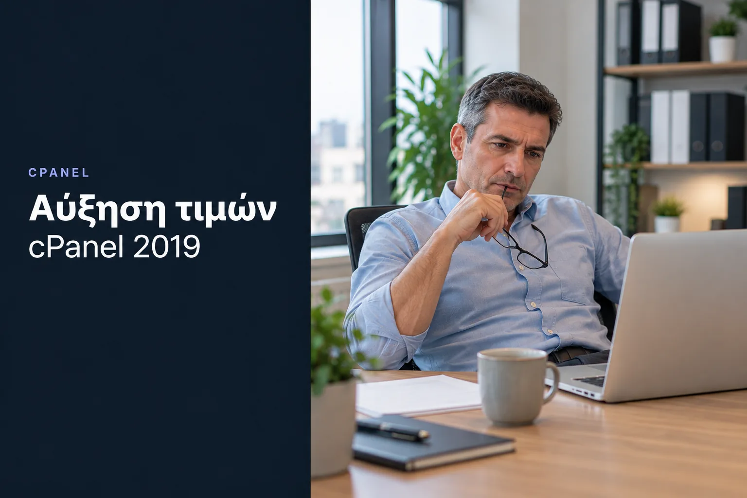 Αύξηση τιμών cPanel 2019, επαγγελματίας σκέφτεται το κόστος μπροστά σε laptop στο γραφείο
