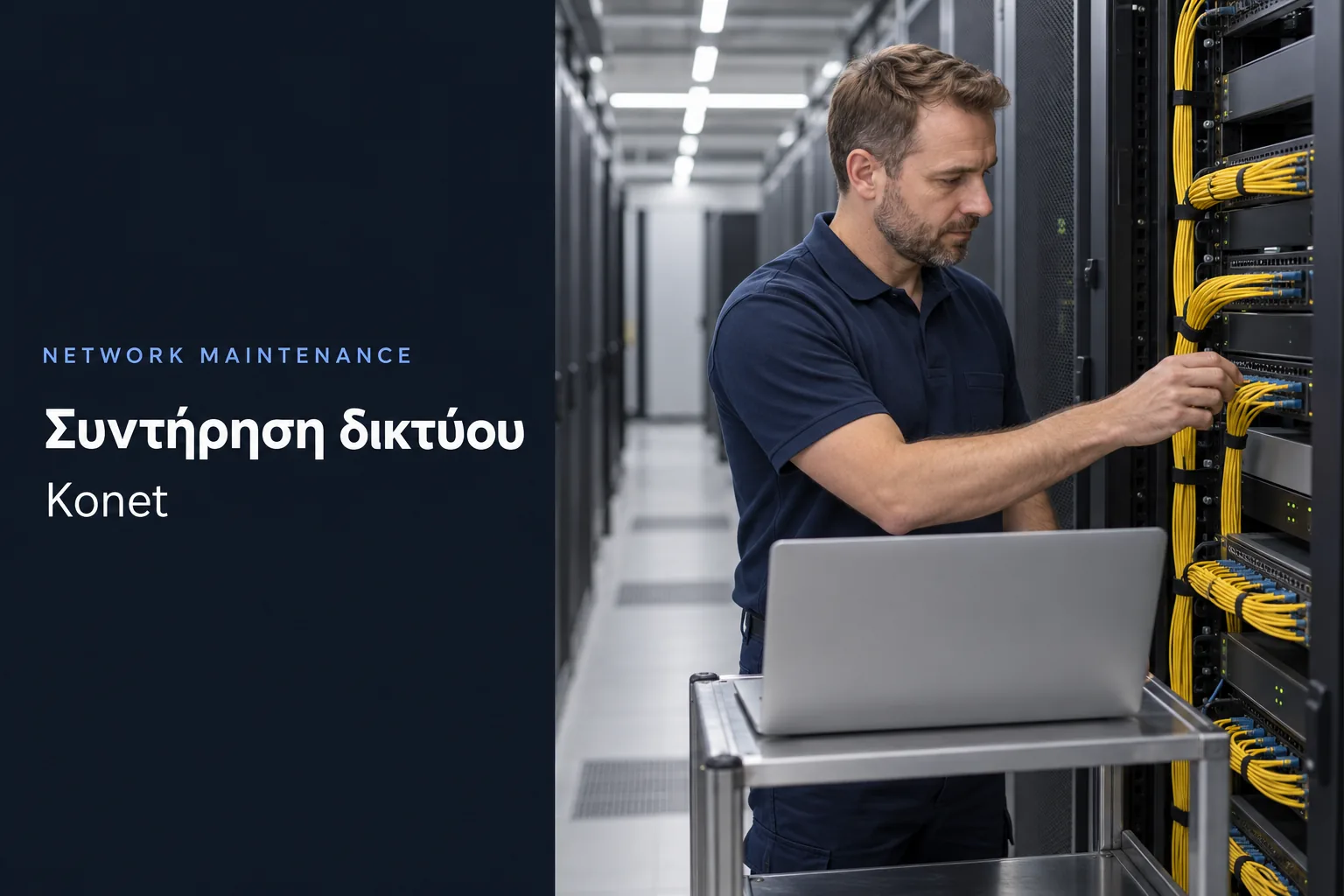 Konet scheduled network maintenance, a technician works on a rack with network cables in the datacenter
