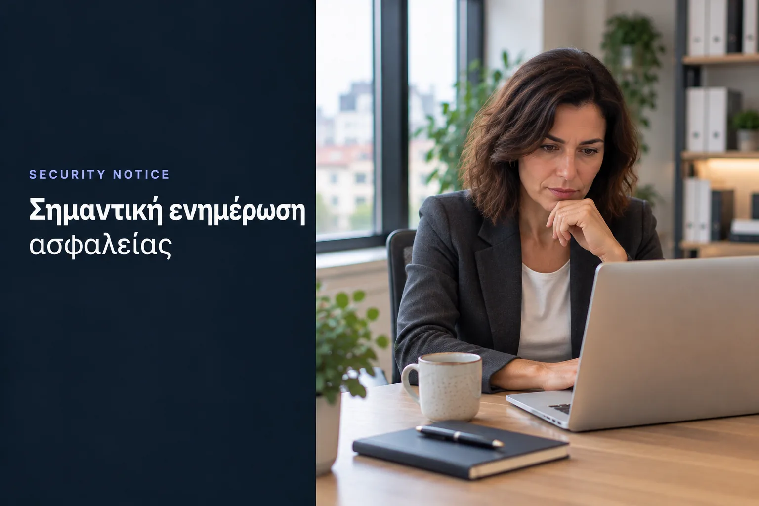 Important security update, a woman carefully reads the notice on her laptop
