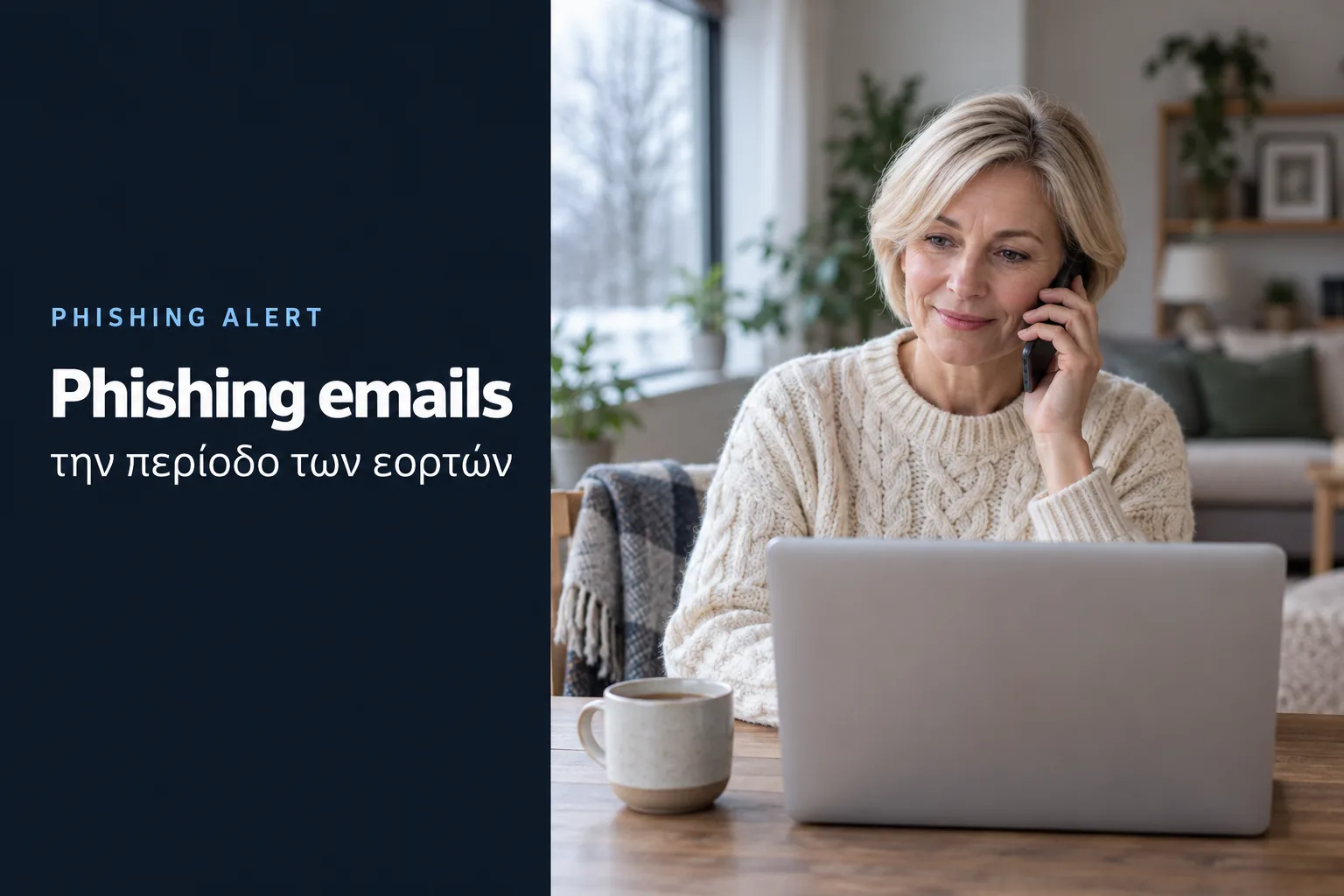 Phishing emails την περίοδο των εορτών, γυναίκα μιλά στο τηλέφωνο μπροστά στο laptop της στο σπίτι
