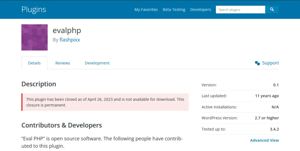 Eval PHP plugin closed Eval PHP plugin page on WordPress.org showing it was permanently closed on April 26, 2023