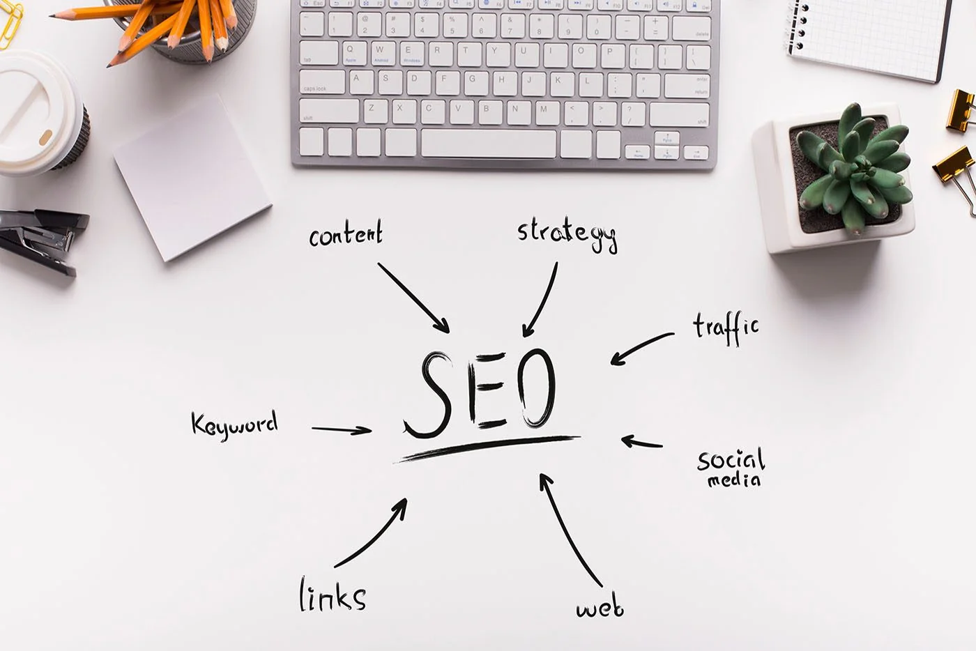 Handwritten SEO diagram with content, strategy, keyword, links, traffic and social media on a desk
