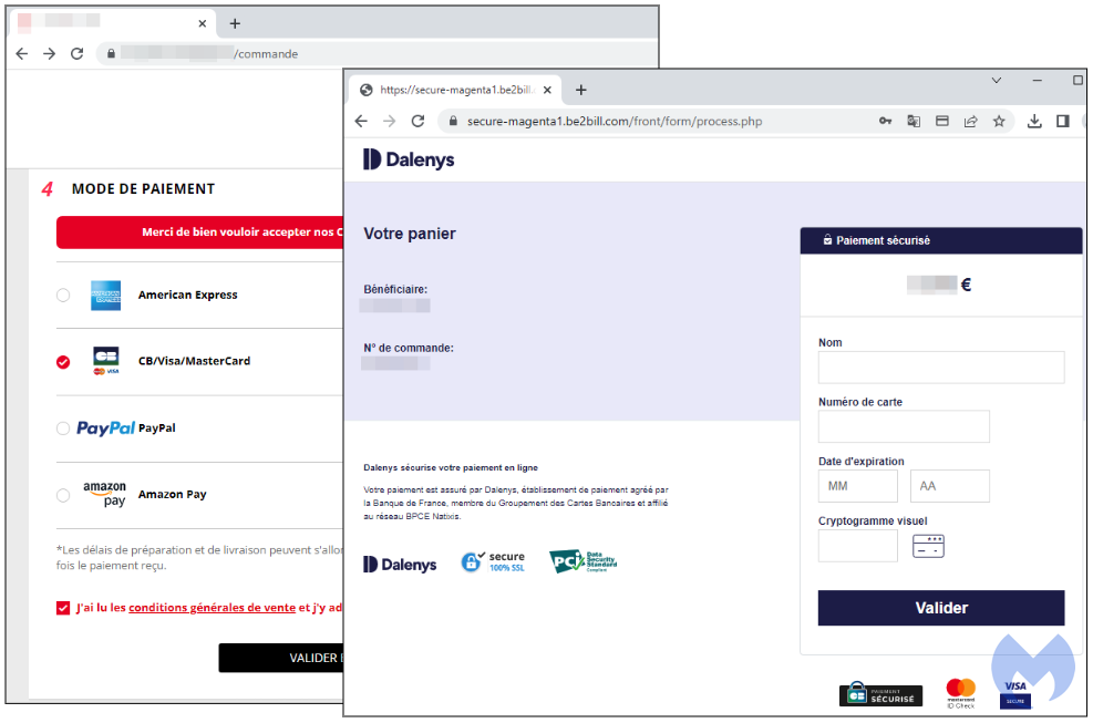 E-shop checkout page and the fake card payment form opened by the Kritec skimmer