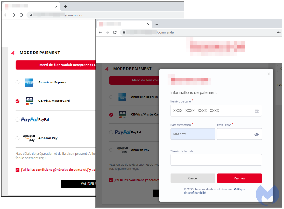 Fake card payment pop-up on an online store checkout, a Magecart attack that steals card details