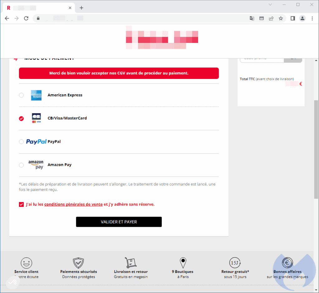 E-shop checkout page with card, PayPal and Amazon Pay options, where a Magecart skimmer steals card details
