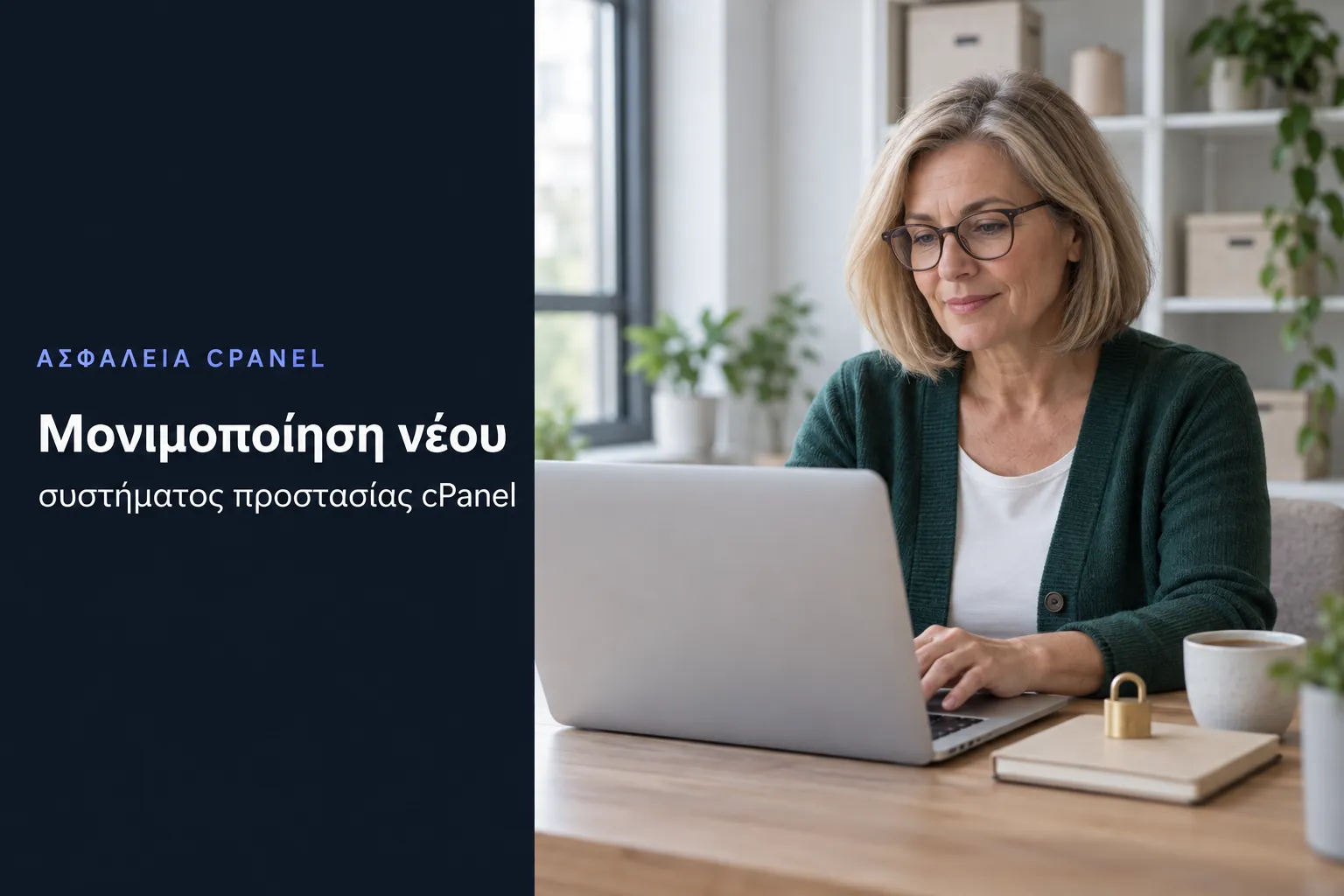cPanel protection system, a woman working on her laptop at home with a padlock on the desk