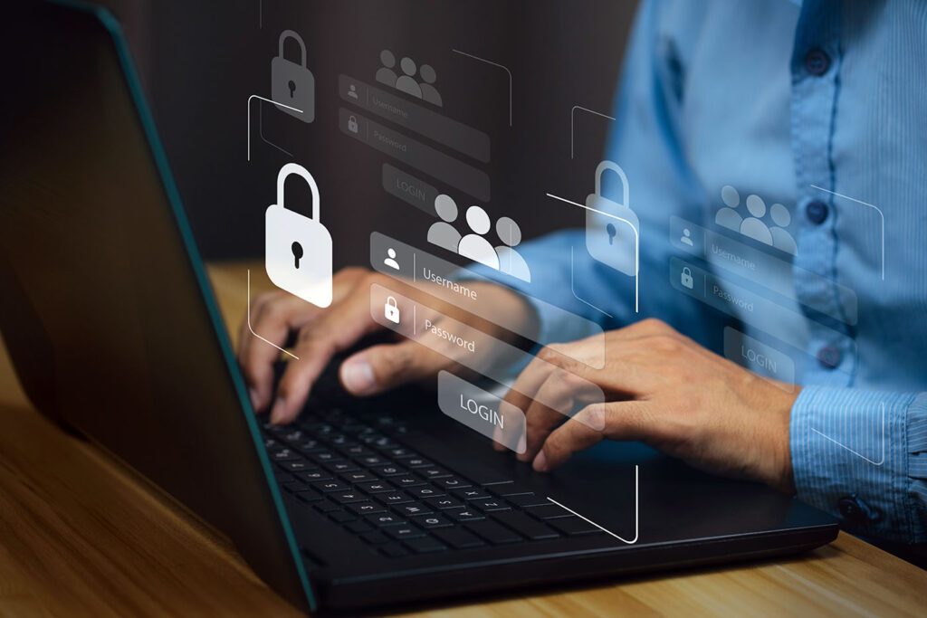 User on a laptop with lock and login icons, personal data security in a single account