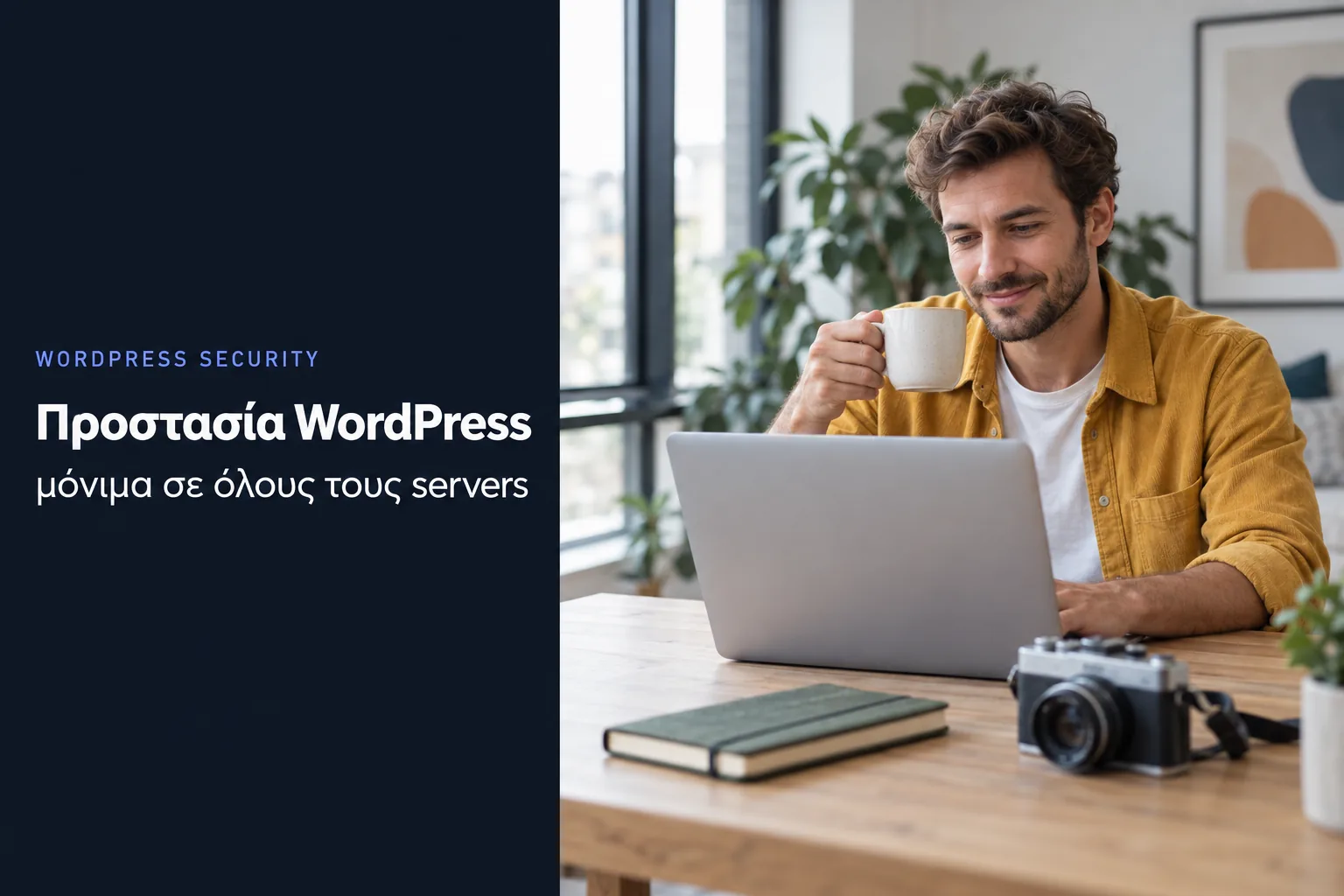 WordPress protection permanently on all servers, a photographer drinks coffee in front of his laptop