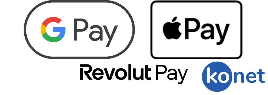 Google Pay, Apple Pay and Revolut Pay logos, the new payment methods planned by Konet