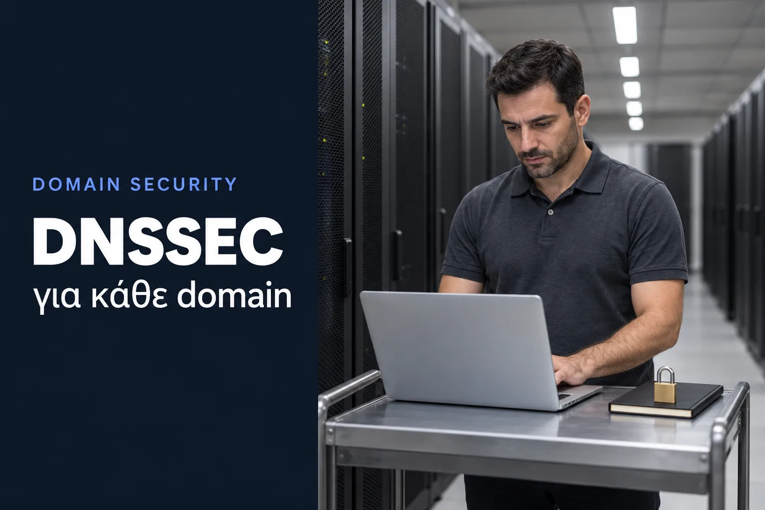 DNSSEC για κάθε domain, τεχνικός με laptop σε data center με racks