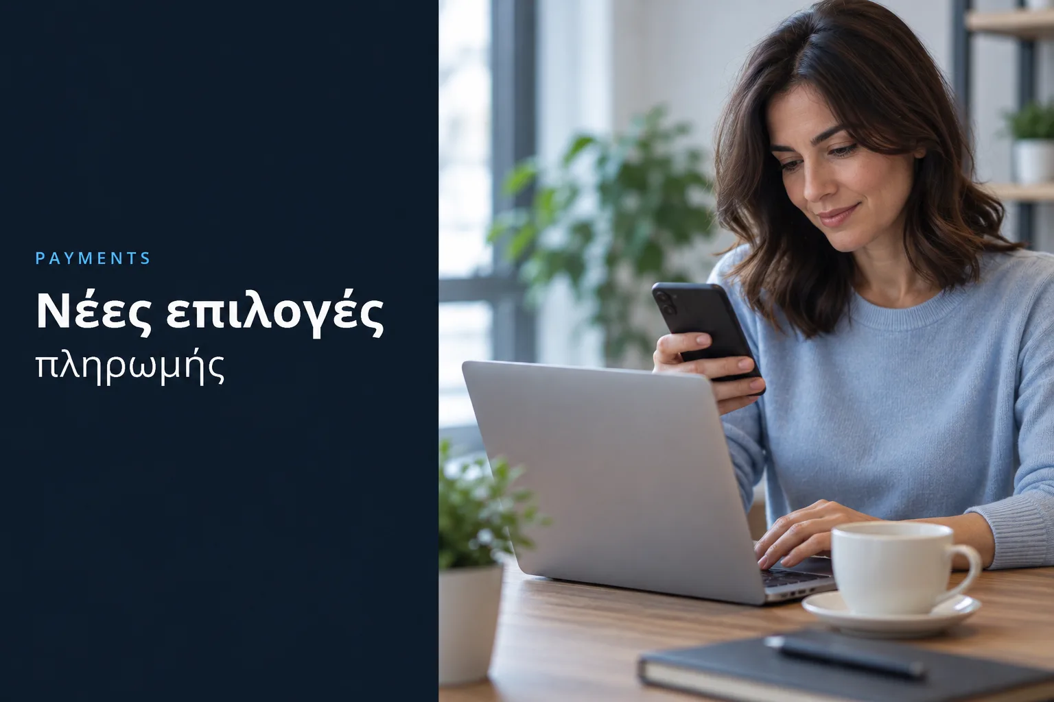 Νέες επιλογές πληρωμής, πληρωμή με κινητό μπροστά σε laptop