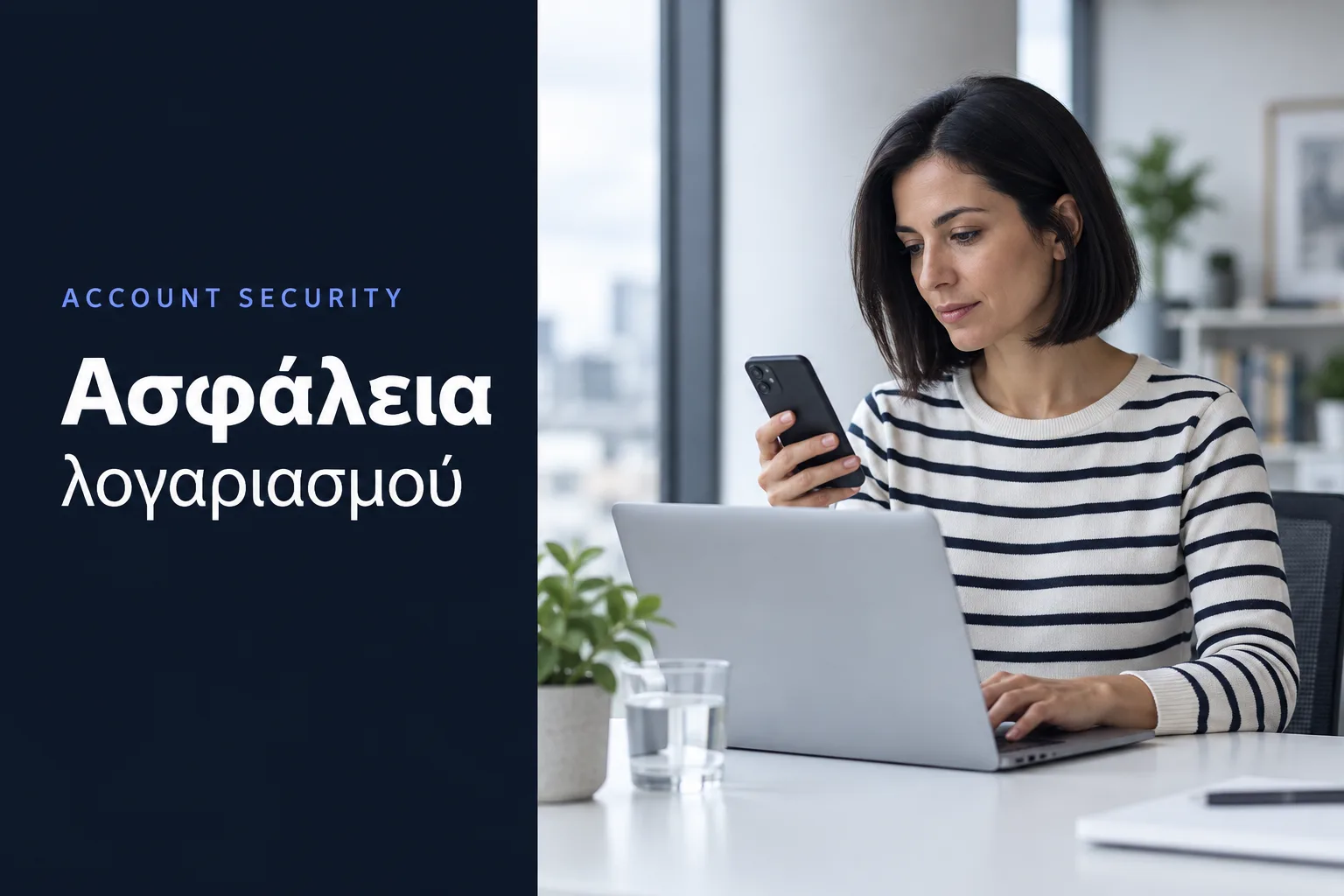 Ασφάλεια λογαριασμού στην Περιοχή Πελατών, επιβεβαίωση σύνδεσης από κινητό δίπλα σε laptop