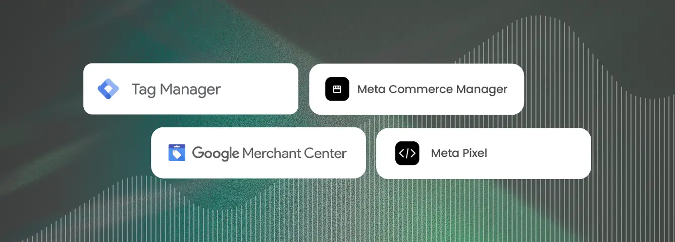 Strategic e-commerce tool integrations featuring Google Tag Manager, Google Merchant Center, Meta Commerce Manager, and Meta Pixel icons on a professional, tech-themed background.