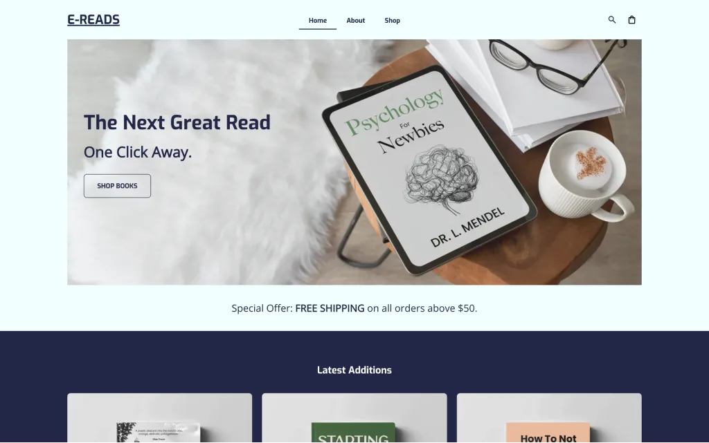 Online bookstore e-commerce website layout: Bright hero section for "E-READS" featuring an e-reader lifestyle shot and a "Special Offer" banner for free shipping.