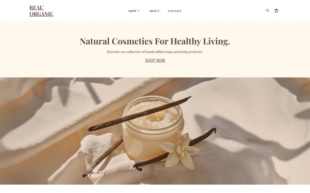 Organic cosmetics e-commerce website layout: Soft-toned landing page for "REAL ORGANIC" featuring natural skincare products and a call to "Shop Now."