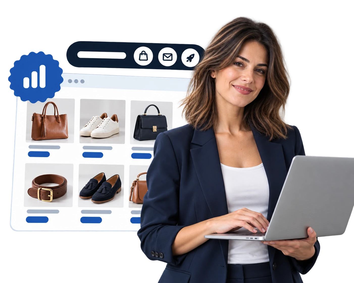 Ιδιοκτήτρια e-shop με laptop, μπροστά στο ηλεκτρονικό της κατάστημα που φιλοξενείται σε semi dedicated hosting