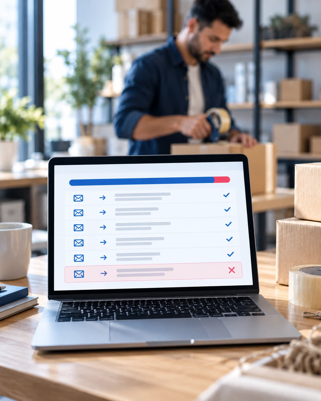 Laptop με την κατάσταση παράδοσης των email, στο reseller hosting της Konet