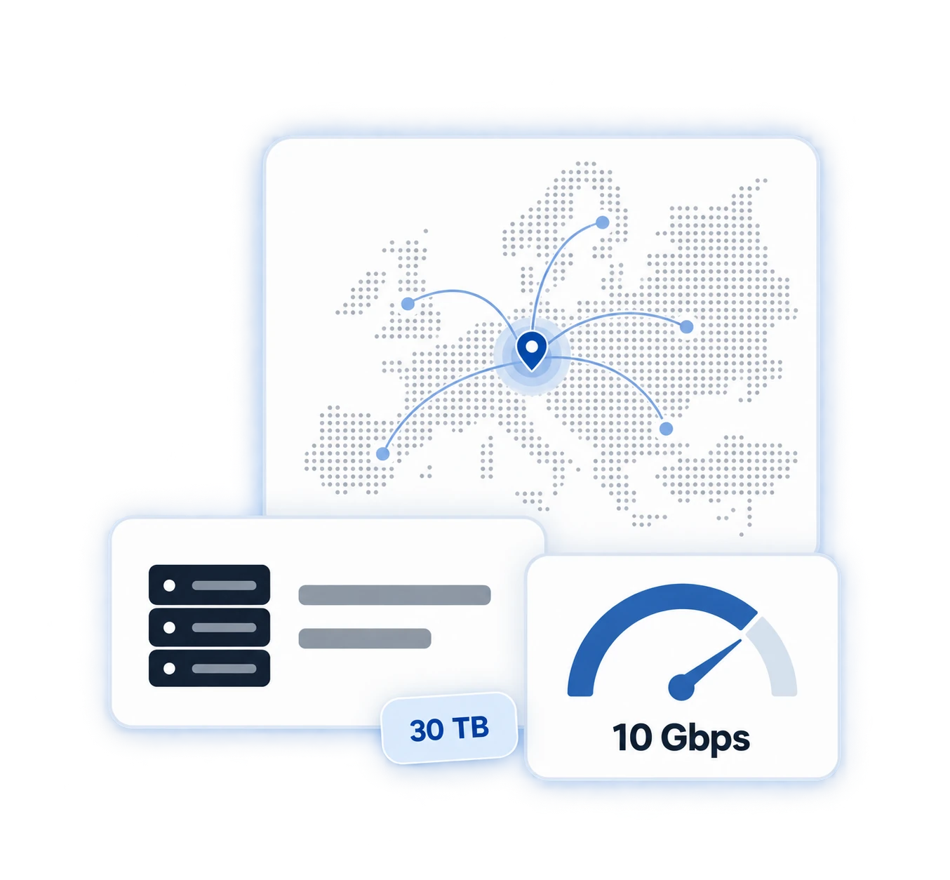 Χάρτης Ευρώπης με το datacenter της Φρανκφούρτης, θύρα 10 Gbps και 30 TB κίνηση τον μήνα