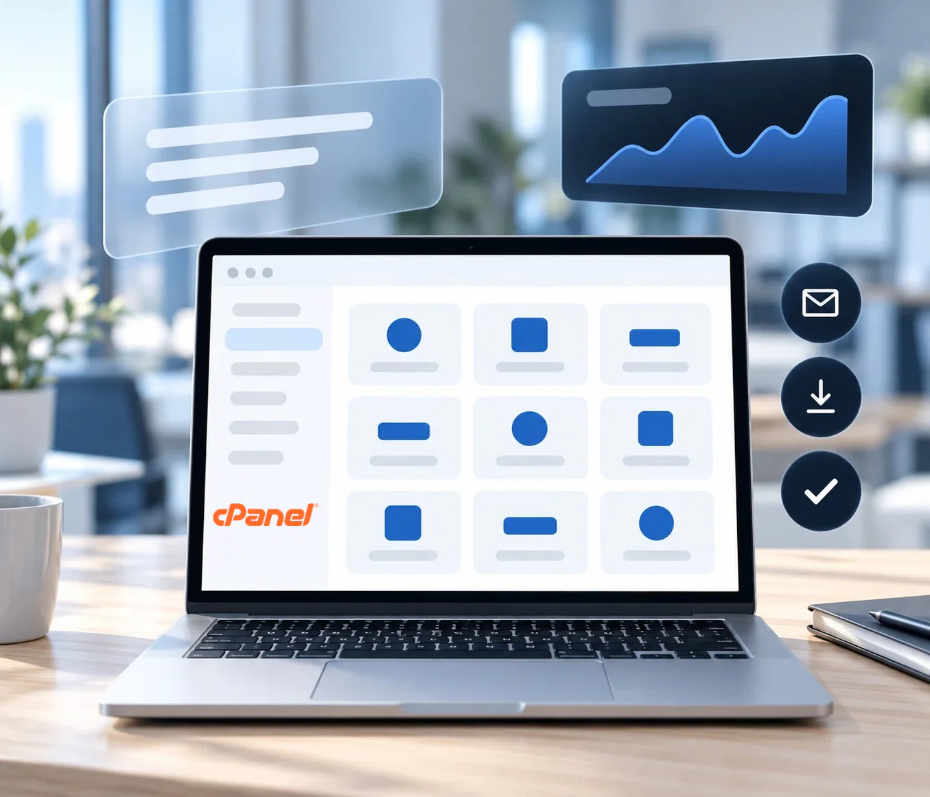 Laptop με τον πίνακα ελέγχου cPanel για τη διαχείριση του web hosting