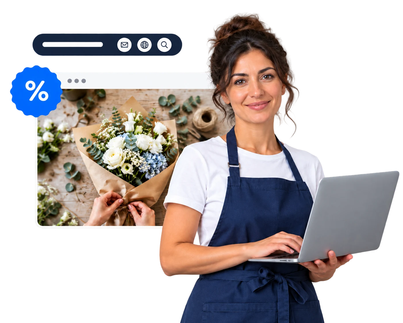 Ιδιοκτήτρια ανθοπωλείου με laptop, το site της φιλοξενείται στο web hosting της Konet